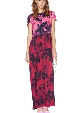 Shakuhachi Size L Maxi Petal Press Dress Black Pink Floral Print